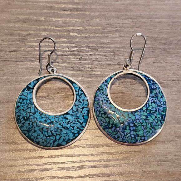 Vintage Alpaca Silver & Crushed Turquoise Dangle Hoop Earrings - Picture 1 of 4